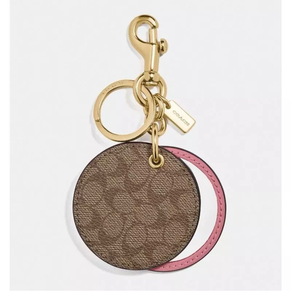 Coach Signature Coach Logo Mirror Key Fob Bag Charm in Khaki/Pink